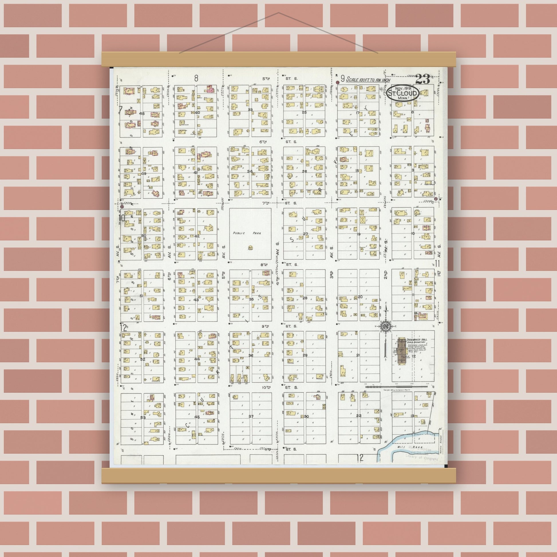 Old map wall art mockup — magnetic wood frame on brick wall — Sanborn Fire Insurance Map from Saint Cloud, Stearns, Benton, and Sherburne Counties, Minnesota (1919), Sheet #0023