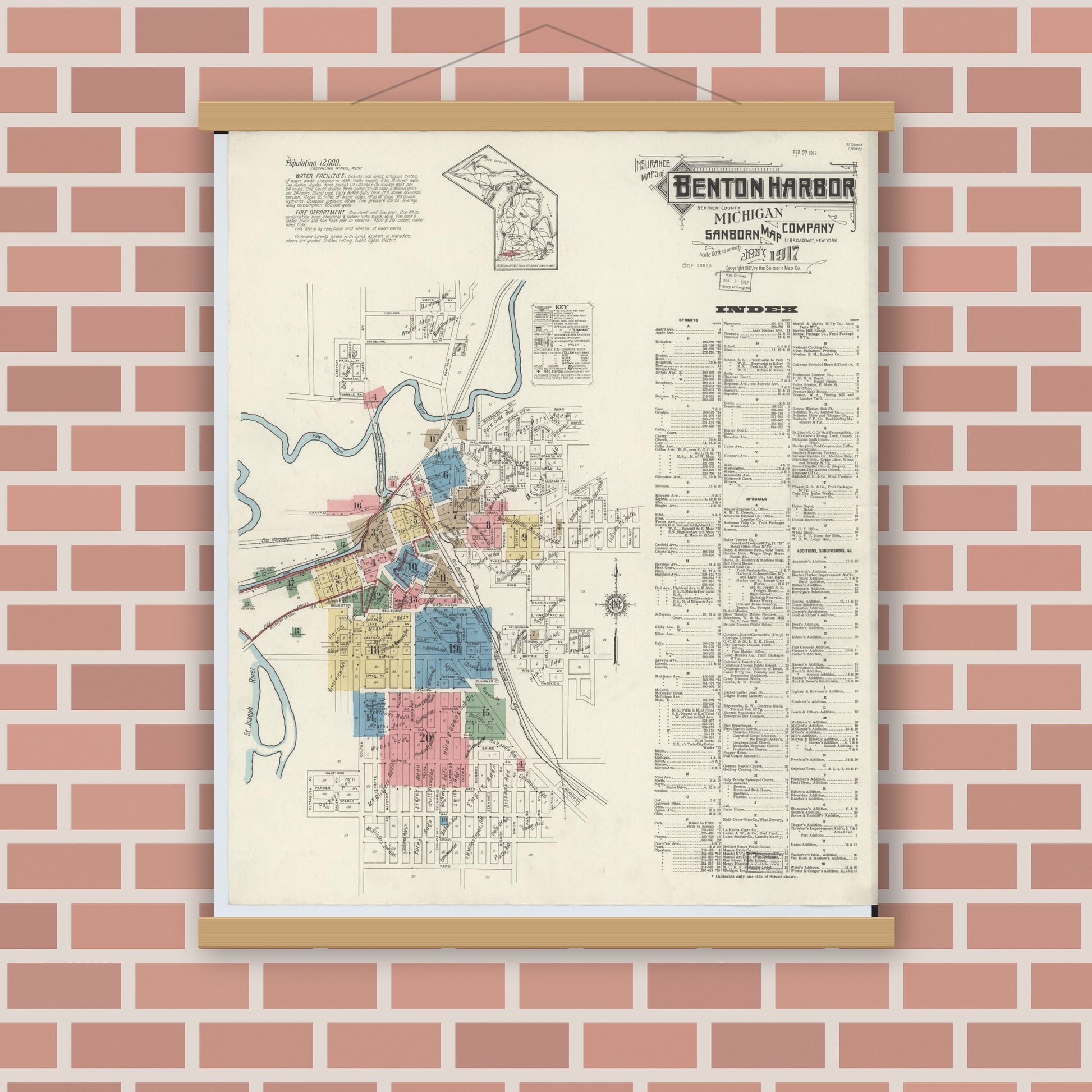 Old map wall art mockup — magnetic wood frame on brick wall — Sanborn Fire Insurance Map from Benton Harbor, Berrien County, Michigan (1917), Sheet #0001