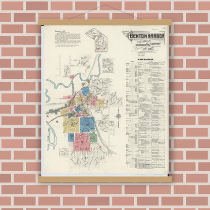 Old map wall art mockup — magnetic wood frame on brick wall — Sanborn Fire Insurance Map from Benton Harbor, Berrien County, Michigan (1917), Sheet #0001