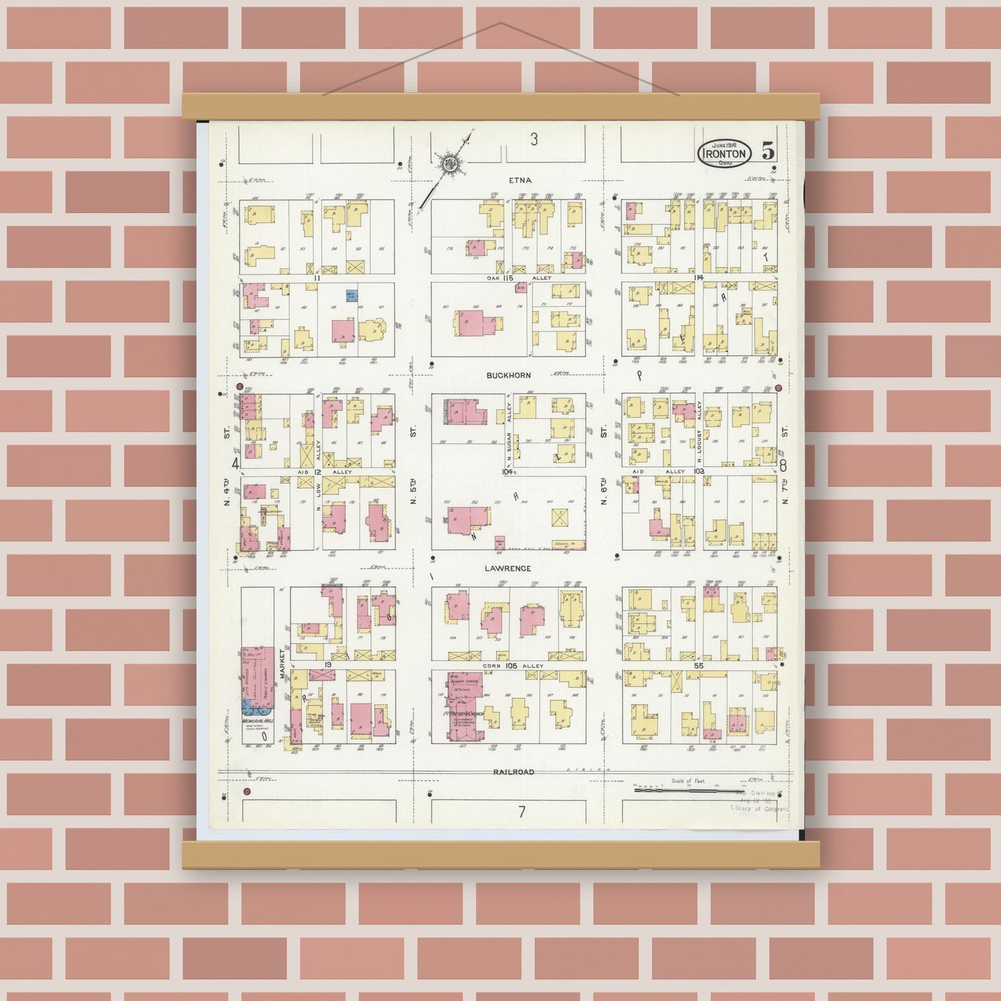 Old map wall art mockup — magnetic wood frame on brick wall — Sanborn Fire Insurance Map from Ironton, Lawrence County, Ohio (1916), Sheet #0005