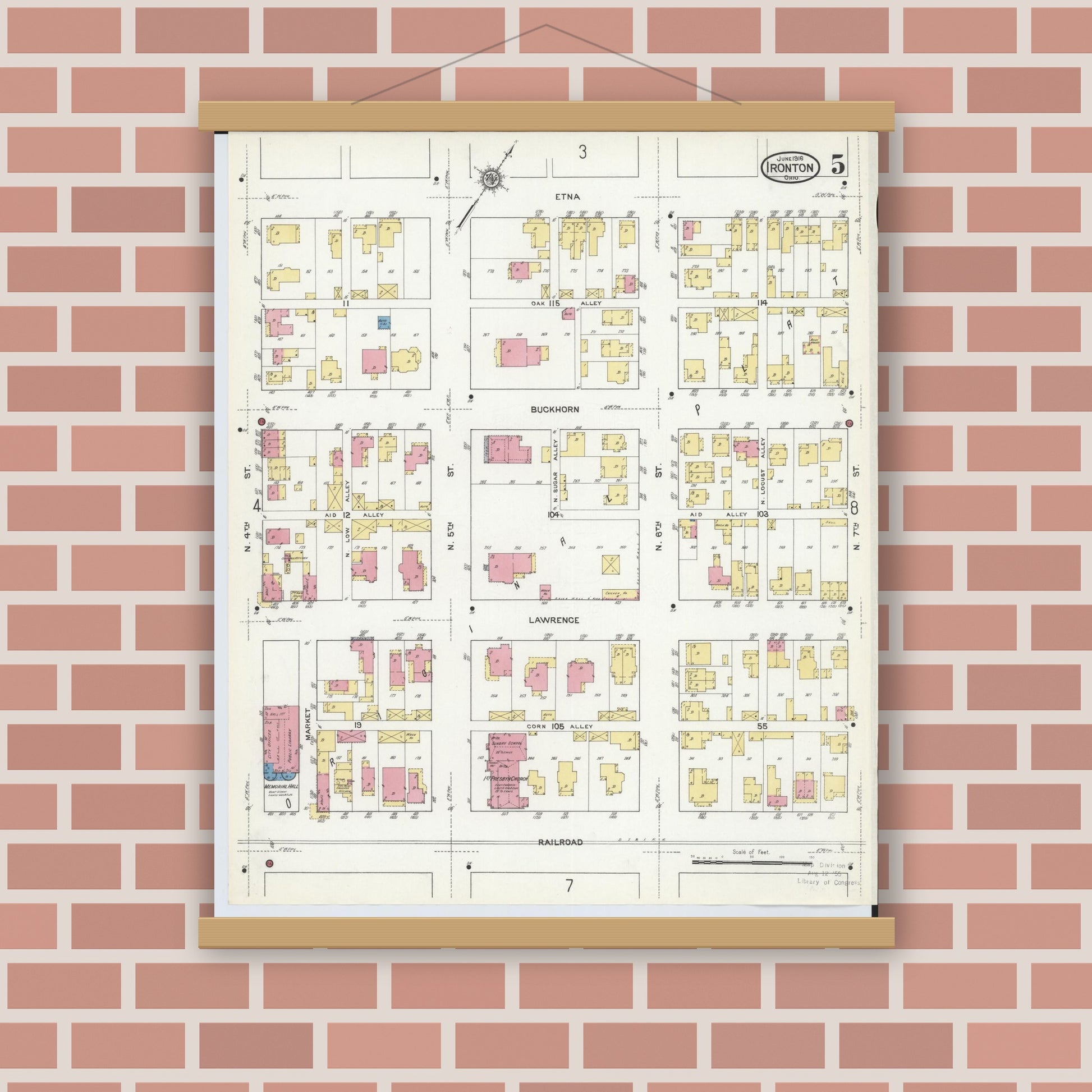 Old map wall art mockup — magnetic wood frame on brick wall — Sanborn Fire Insurance Map from Ironton, Lawrence County, Ohio (1916), Sheet #0005
