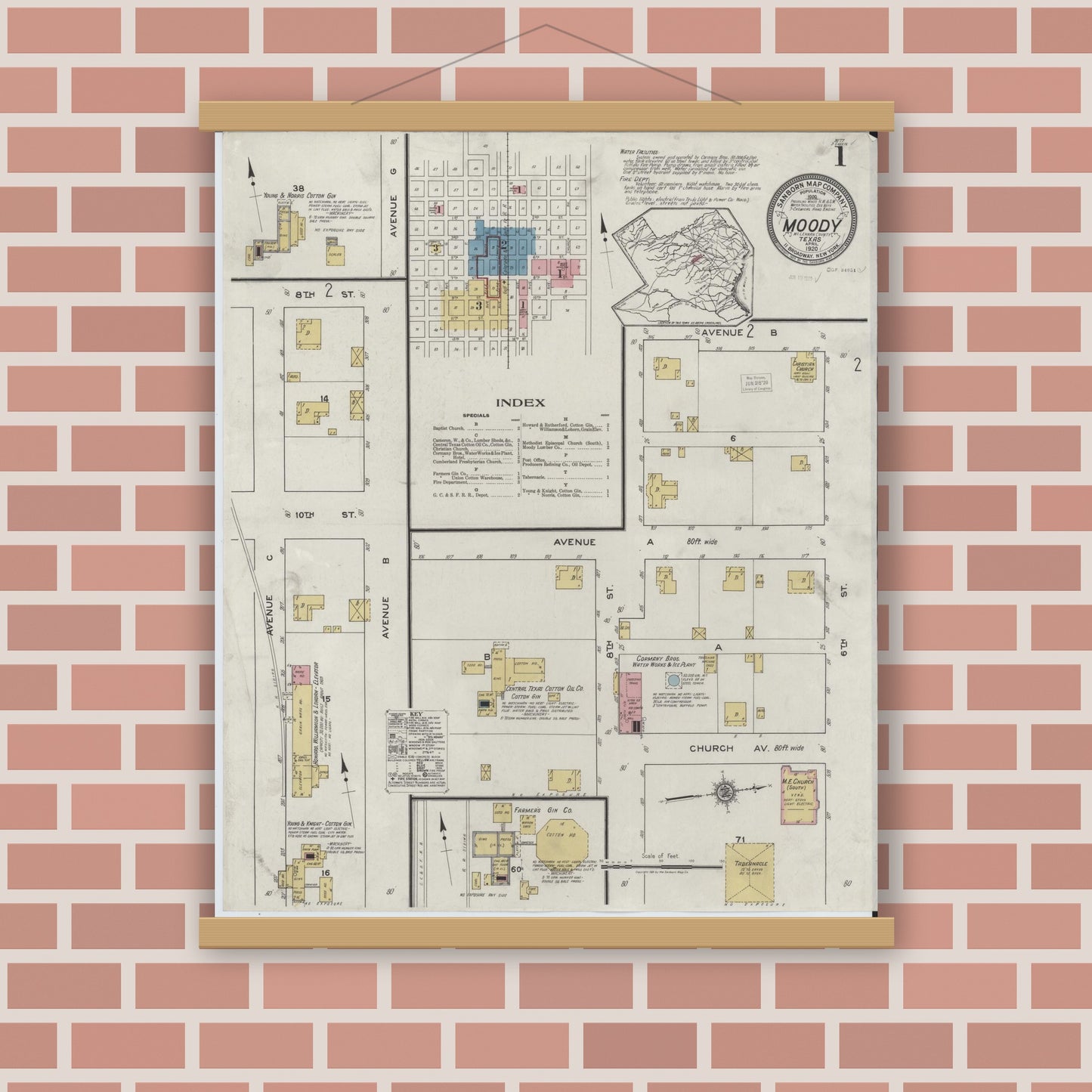Old map wall art mockup — magnetic wood frame on brick wall — Sanborn Fire Insurance Map from Moody, McLennan County, Texas (1920), Sheet #0001