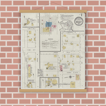 Old map wall art mockup — magnetic wood frame on brick wall — Sanborn Fire Insurance Map from Moody, McLennan County, Texas (1920), Sheet #0001