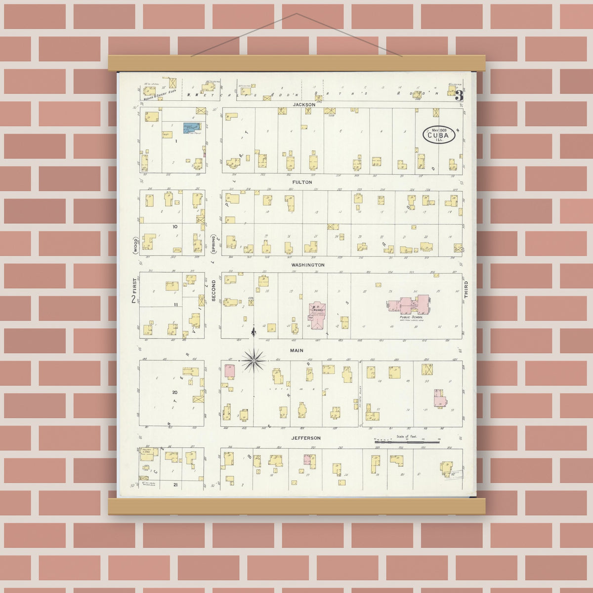 Old map wall art mockup — magnetic wood frame on brick wall — Sanborn Fire Insurance Map from Cuba, Fulton County, Illinois (1909), Sheet #0003