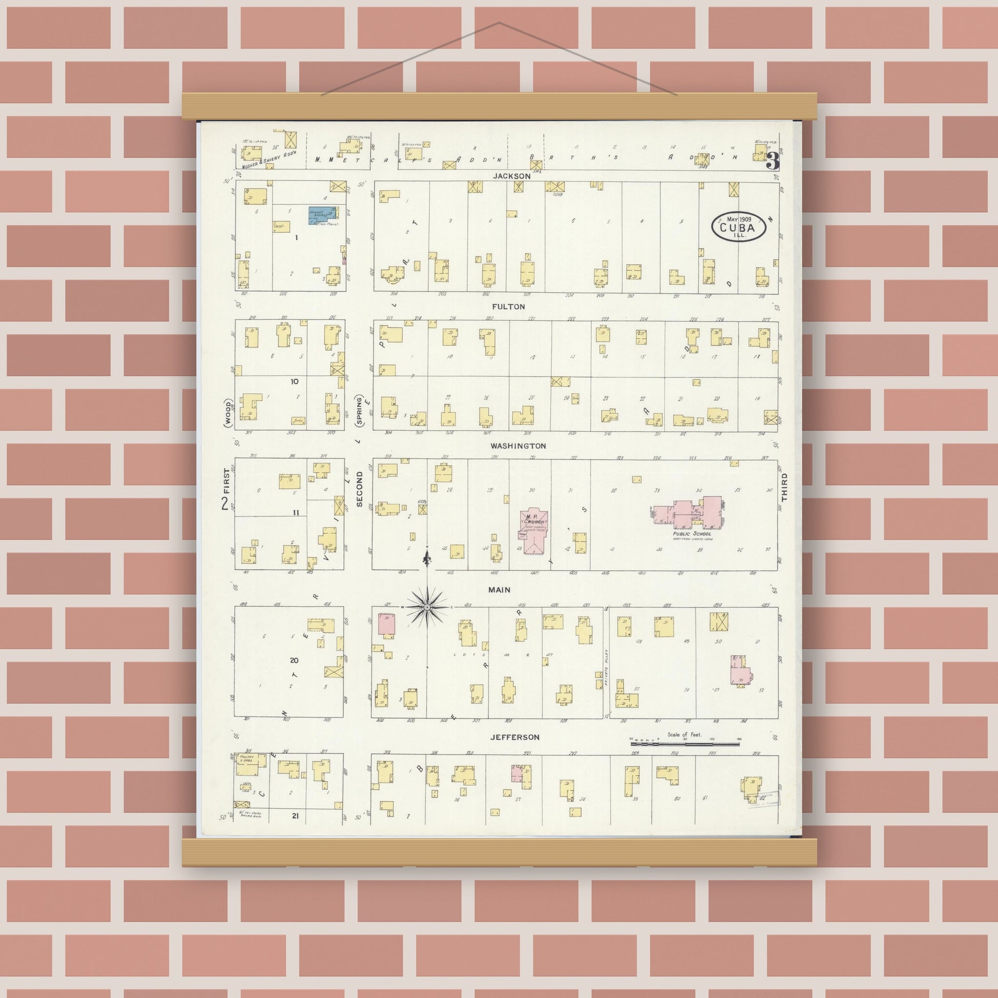 Old map wall art mockup — magnetic wood frame on brick wall — Sanborn Fire Insurance Map from Cuba, Fulton County, Illinois (1909), Sheet #0003