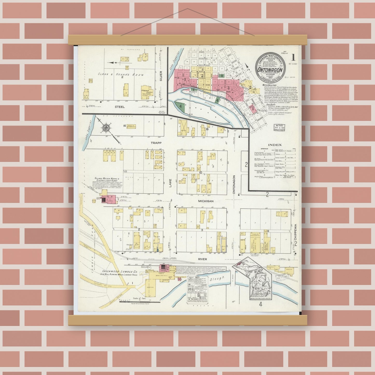 Old map wall art mockup — magnetic wood frame on brick wall — Sanborn Fire Insurance Map from Ontonagon, Ontonagon County, Michigan (1917) - Complete Map Set