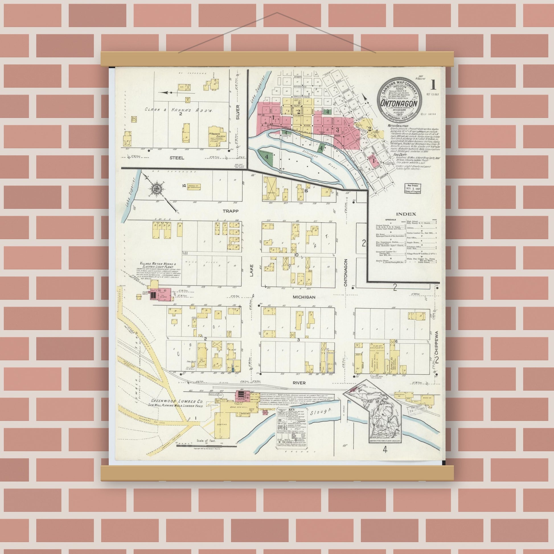 Old map wall art mockup — magnetic wood frame on brick wall — Sanborn Fire Insurance Map from Ontonagon, Ontonagon County, Michigan (1917) - Complete Map Set