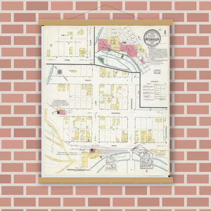 Old map wall art mockup — magnetic wood frame on brick wall — Sanborn Fire Insurance Map from Ontonagon, Ontonagon County, Michigan (1917) - Complete Map Set