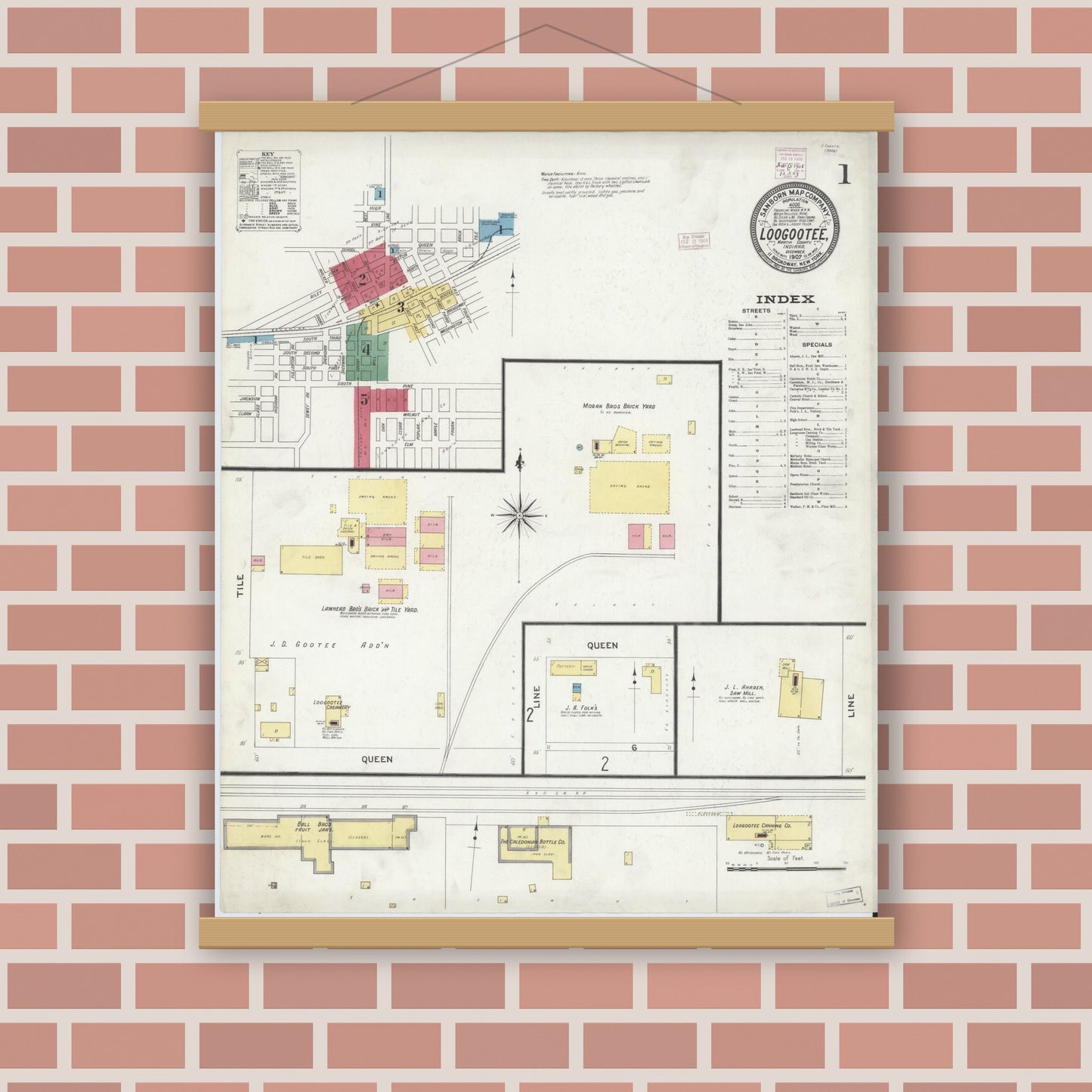 Old map wall art mockup — magnetic wood frame on brick wall — Sanborn Fire Insurance Map from Loogootee, Martin County, Indiana (1907), Sheet #0001