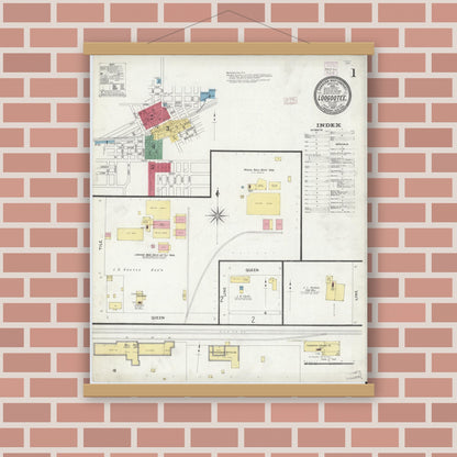 Old map wall art mockup — magnetic wood frame on brick wall — Sanborn Fire Insurance Map from Loogootee, Martin County, Indiana (1907), Sheet #0001