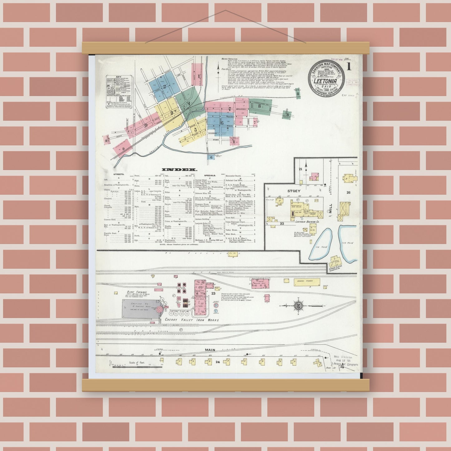 Old map wall art mockup — magnetic wood frame on brick wall — Sanborn Fire Insurance Map from Leetonia, Columbiana County, Ohio (1910) - Complete Map Set