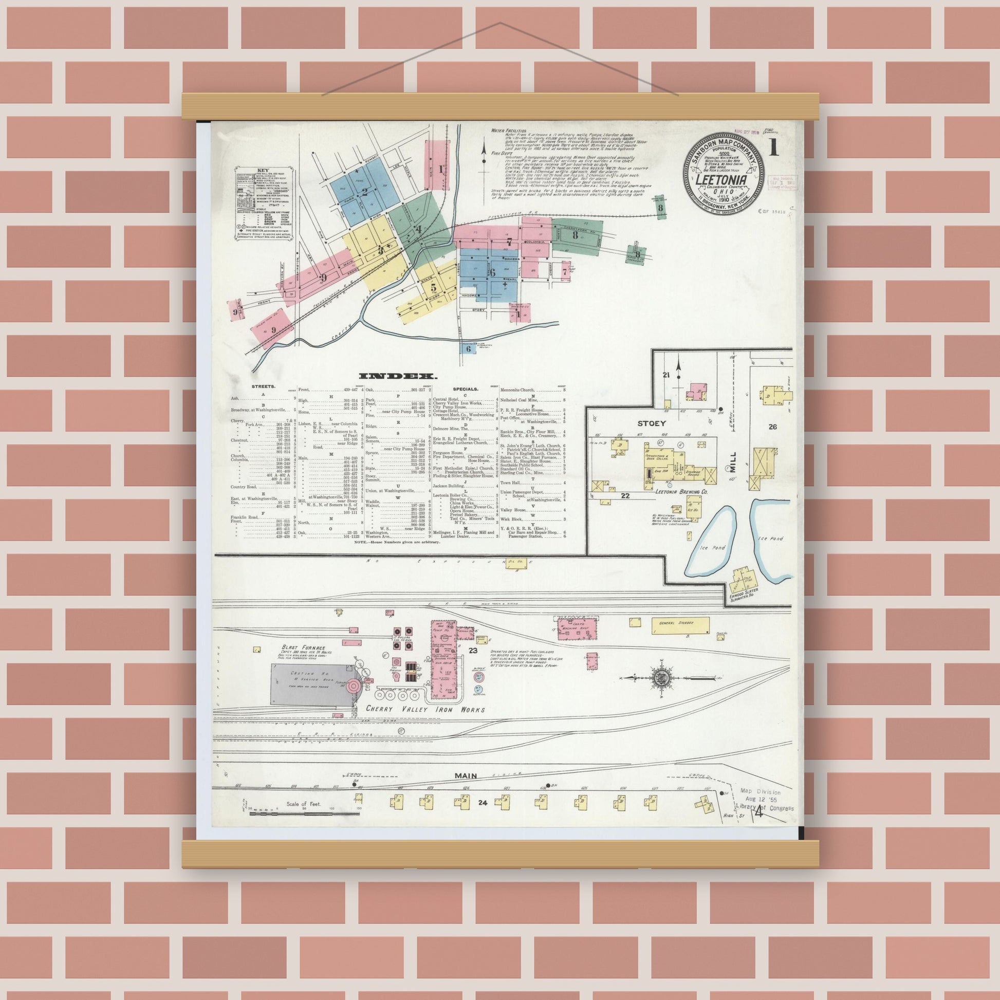 Old map wall art mockup — magnetic wood frame on brick wall — Sanborn Fire Insurance Map from Leetonia, Columbiana County, Ohio (1910) - Complete Map Set