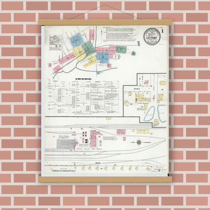 Old map wall art mockup — magnetic wood frame on brick wall — Sanborn Fire Insurance Map from Leetonia, Columbiana County, Ohio (1910) - Complete Map Set