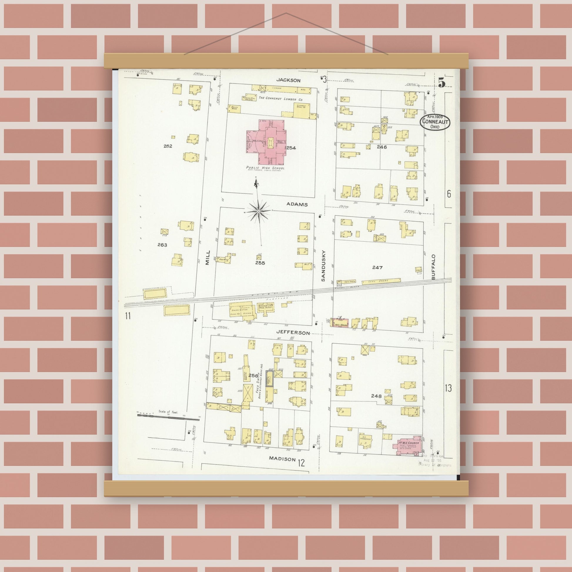Old map wall art mockup — magnetic wood frame on brick wall — Sanborn Fire Insurance Map from Conneaut, Ashtabula County, Ohio (1909), Sheet #0005