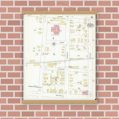 Old map wall art mockup — magnetic wood frame on brick wall — Sanborn Fire Insurance Map from Conneaut, Ashtabula County, Ohio (1909), Sheet #0005