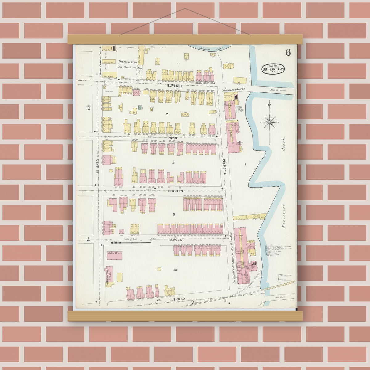 Old map wall art mockup — magnetic wood frame on brick wall — Sanborn Fire Insurance Map from Burlington, Burlington County, New Jersey (1896), Sheet #0006