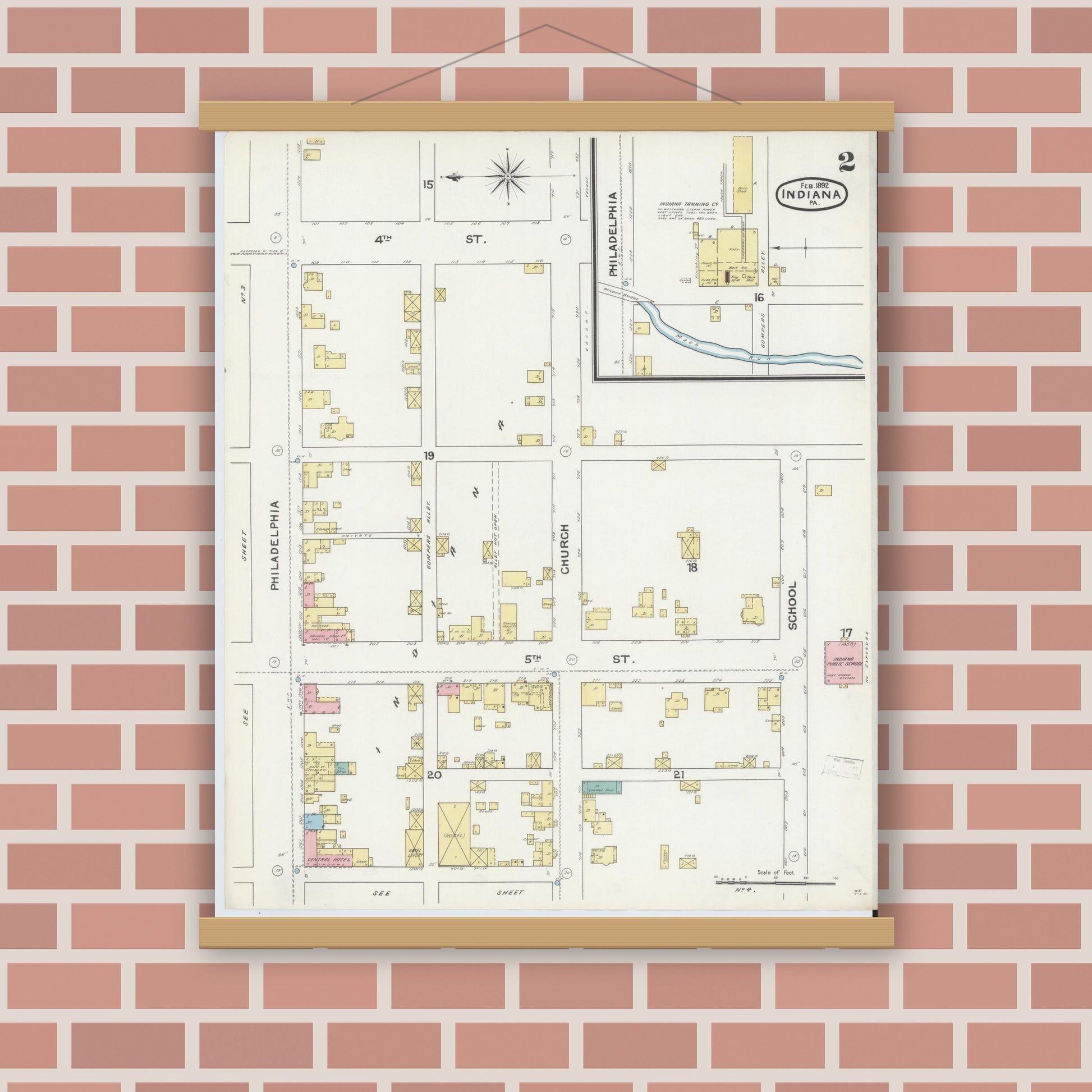 Old map wall art mockup — magnetic wood frame on brick wall — Sanborn Fire Insurance Map from Indiana, Indiana County, Pennsylvania (1892), Sheet #0002