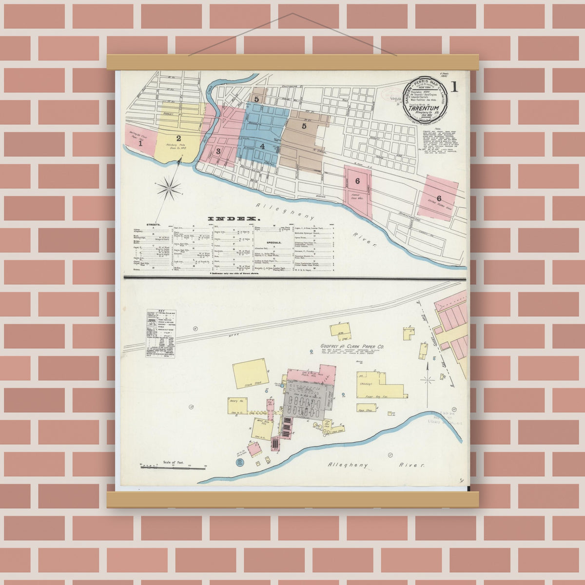 Old map wall art mockup — magnetic wood frame on brick wall — Sanborn Fire Insurance Map from Tarentum, Allegheny County, Pennsylvania (1891) - Complete Map Set