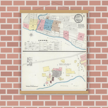 Old map wall art mockup — magnetic wood frame on brick wall — Sanborn Fire Insurance Map from Tarentum, Allegheny County, Pennsylvania (1891) - Complete Map Set