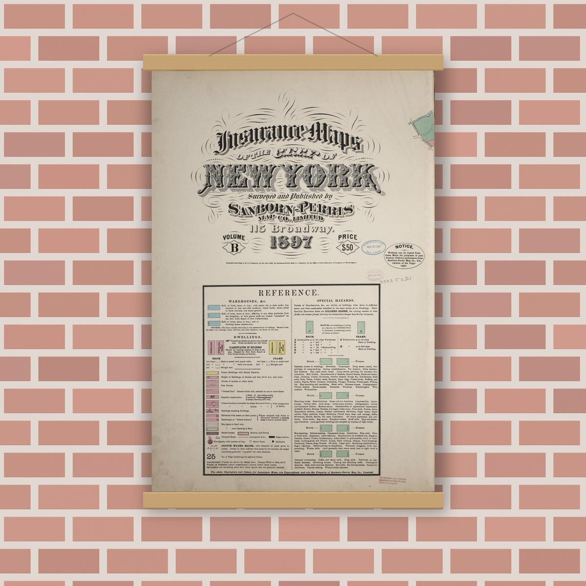 Old map wall art mockup — magnetic wood frame on brick wall — Sanborn Fire Insurance Map from New York, Bronx, Manhattan, New York (1897), Sheet #0001