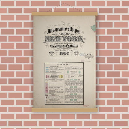 Old map wall art mockup — magnetic wood frame on brick wall — Sanborn Fire Insurance Map from New York, Bronx, Manhattan, New York (1897), Sheet #0001