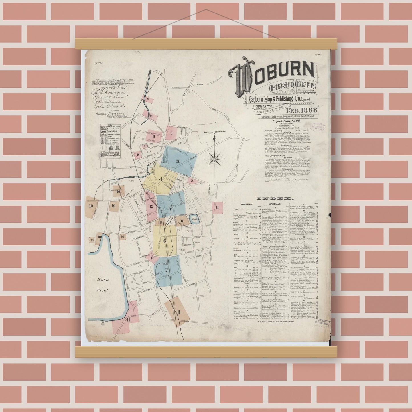 Old map wall art mockup — magnetic wood frame on brick wall — Sanborn Fire Insurance Map from Woburn, Middlesex County, Massachusetts (1888) - Complete Map Set