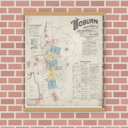 Old map wall art mockup — magnetic wood frame on brick wall — Sanborn Fire Insurance Map from Woburn, Middlesex County, Massachusetts (1888) - Complete Map Set
