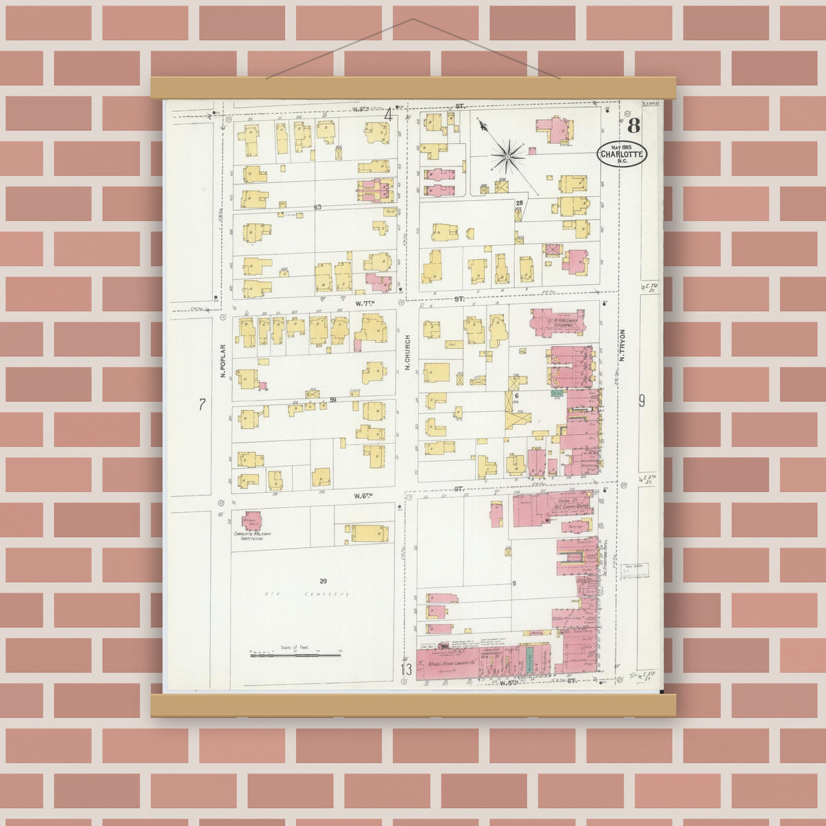 Old map wall art mockup — magnetic wood frame on brick wall — Sanborn Fire Insurance Map from Charlotte, Mecklenburg County, North Carolina (1905), Sheet #0008