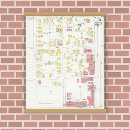 Old map wall art mockup — magnetic wood frame on brick wall — Sanborn Fire Insurance Map from Charlotte, Mecklenburg County, North Carolina (1905), Sheet #0008