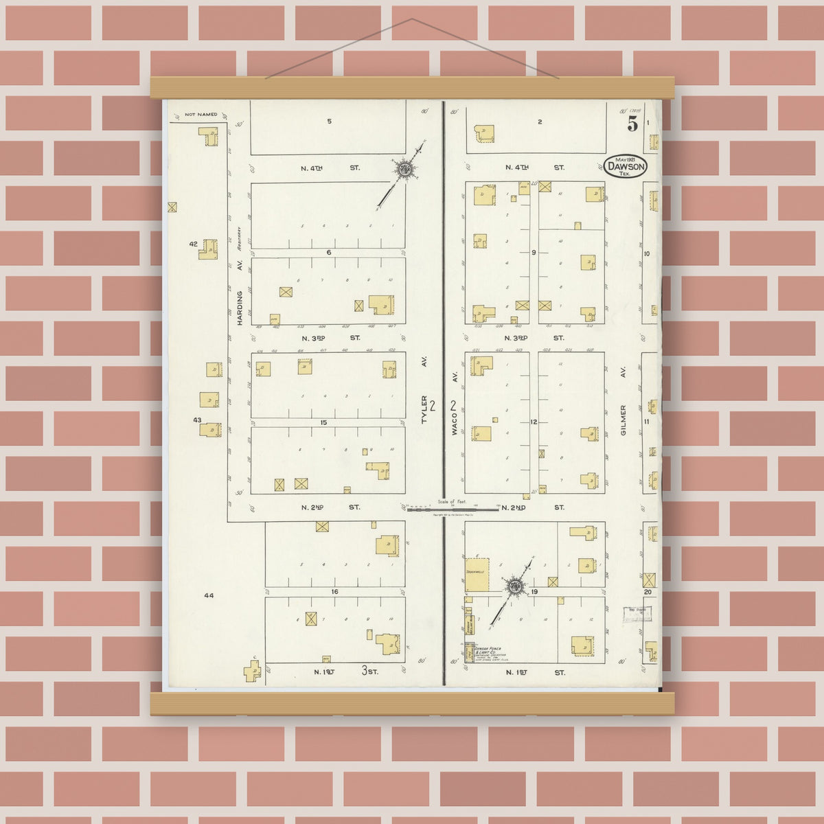 Old map wall art mockup — magnetic wood frame on brick wall — Sanborn Fire Insurance Map from Dawson, Navarro County, Texas (1921), Sheet #0005