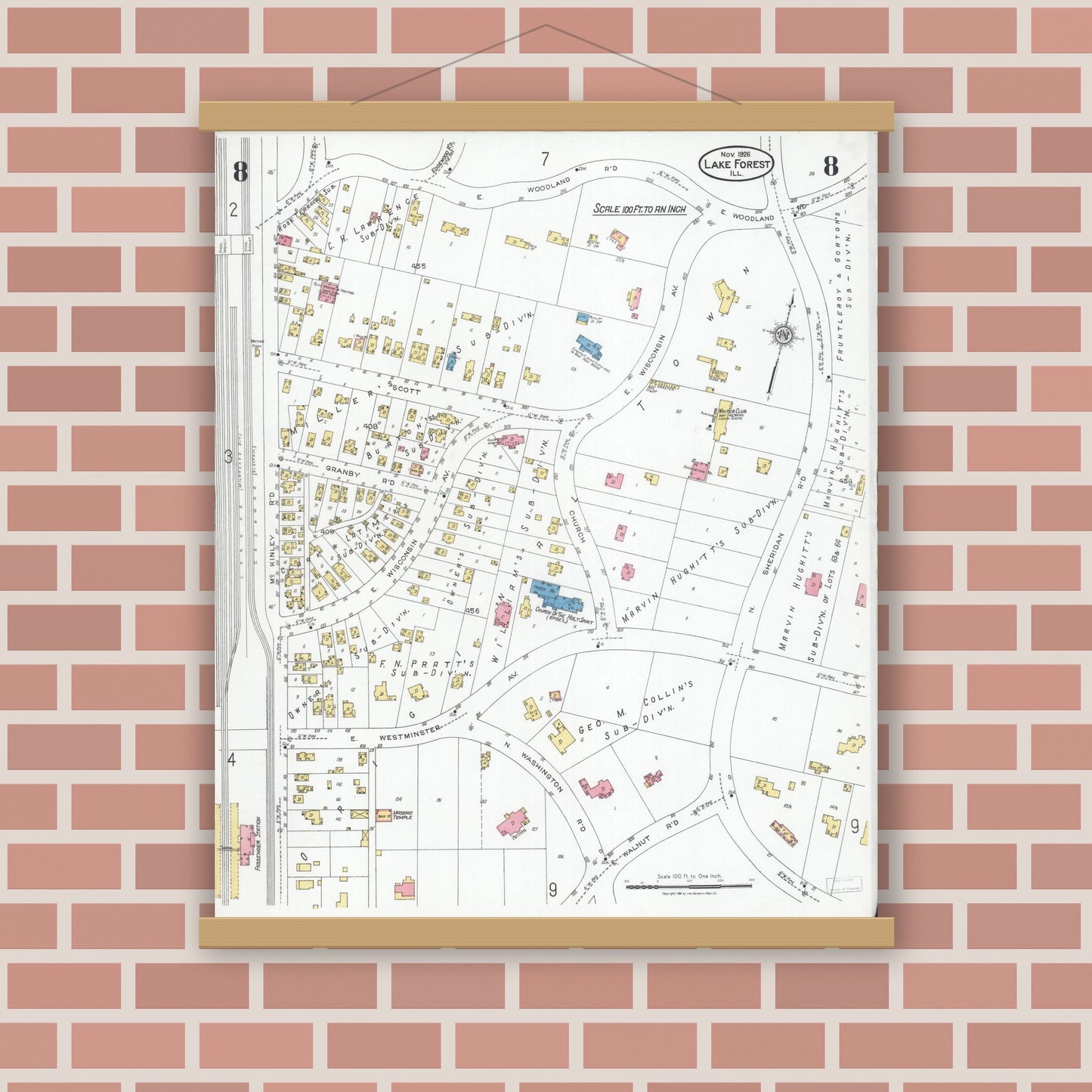 Old map wall art mockup — magnetic wood frame on brick wall — Sanborn Fire Insurance Map from Lake Forest, Lake County, Illinois (1926), Sheet #0008