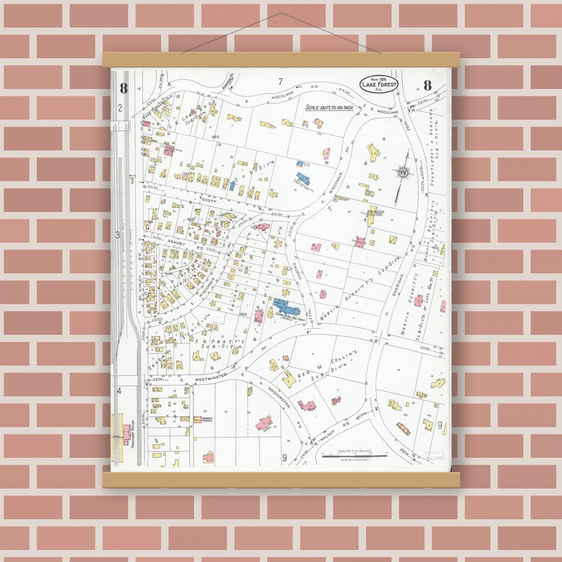 Old map wall art mockup — magnetic wood frame on brick wall — Sanborn Fire Insurance Map from Lake Forest, Lake County, Illinois (1926), Sheet #0008