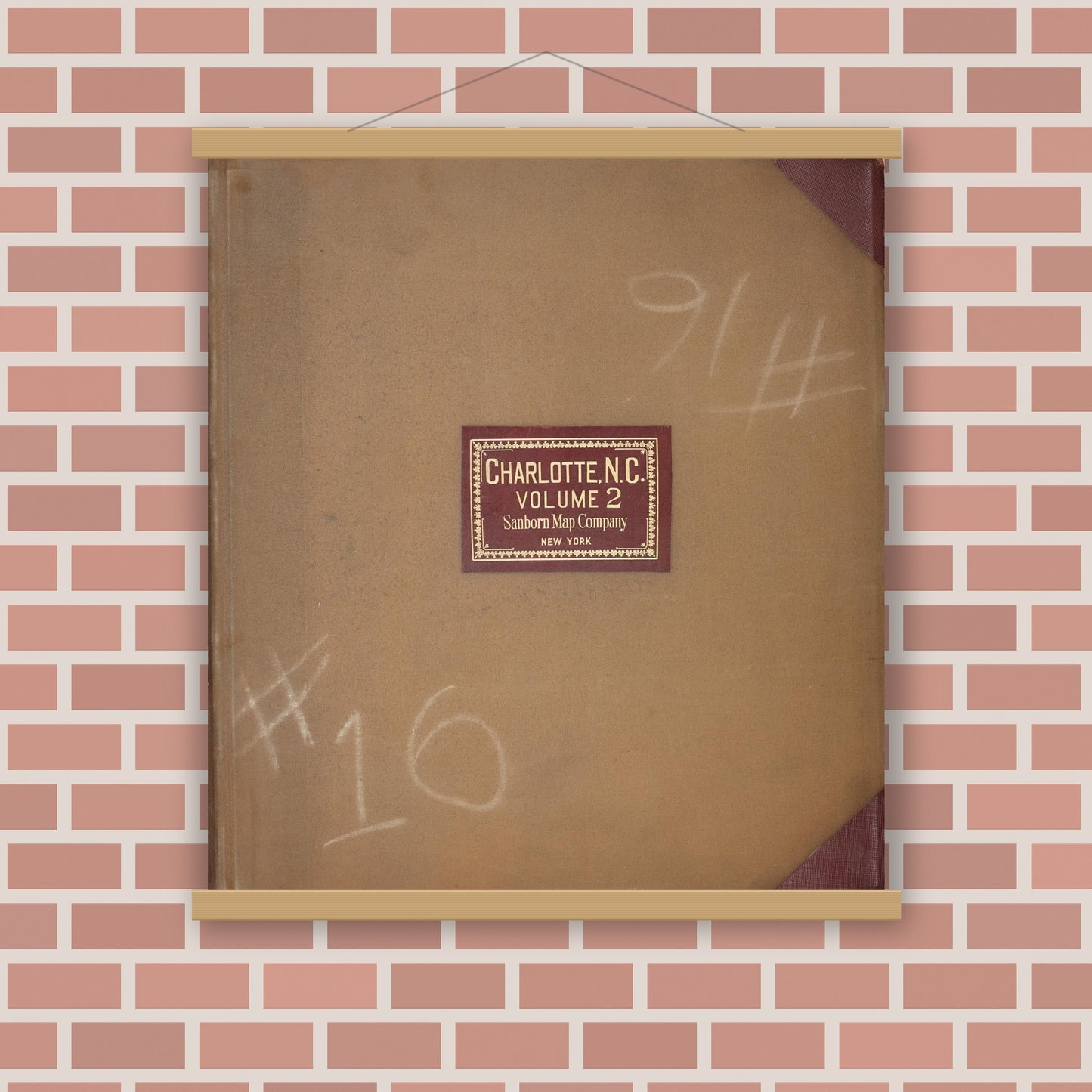 Old map wall art mockup — magnetic wood frame on brick wall — Sanborn Fire Insurance Map from Charlotte, Mecklenburg County, North Carolina (1950), Sheet #0001
