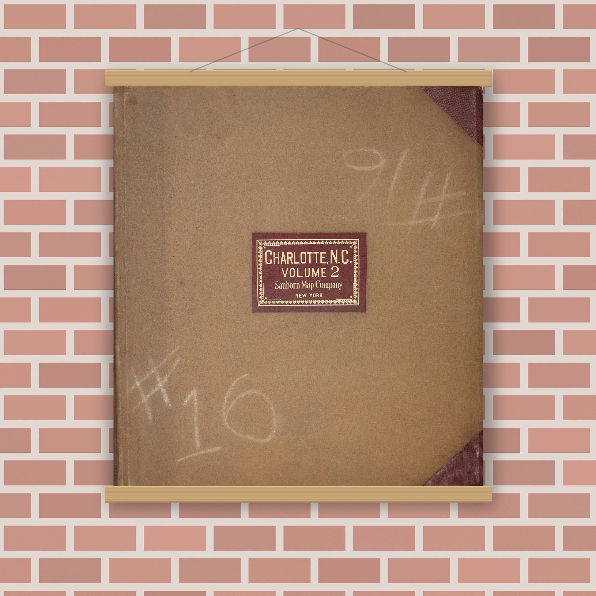 Old map wall art mockup — magnetic wood frame on brick wall — Sanborn Fire Insurance Map from Charlotte, Mecklenburg County, North Carolina (1950), Sheet #0001