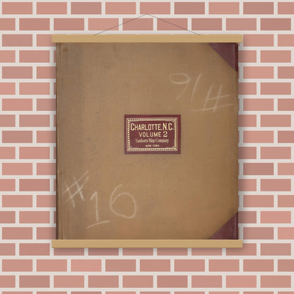 Old map wall art mockup — magnetic wood frame on brick wall — Sanborn Fire Insurance Map from Charlotte, Mecklenburg County, North Carolina (1950), Sheet #0001