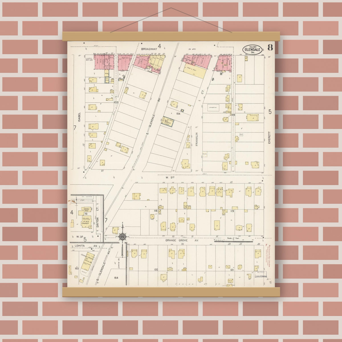 Old map wall art mockup — magnetic wood frame on brick wall — Sanborn Fire Insurance Map from Glendale, Los Angeles County, California (1912), Sheet #0008
