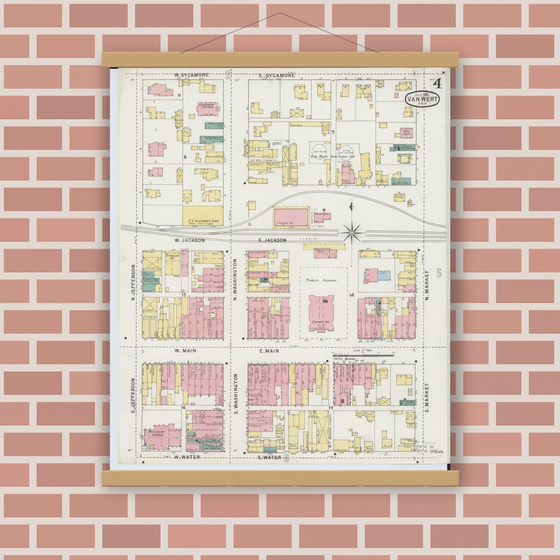 Old map wall art mockup — magnetic wood frame on brick wall — Sanborn Fire Insurance Map from Van Wert, Van Wert County, Ohio (1895), Sheet #0004