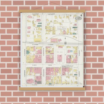 Old map wall art mockup — magnetic wood frame on brick wall — Sanborn Fire Insurance Map from Van Wert, Van Wert County, Ohio (1895), Sheet #0004