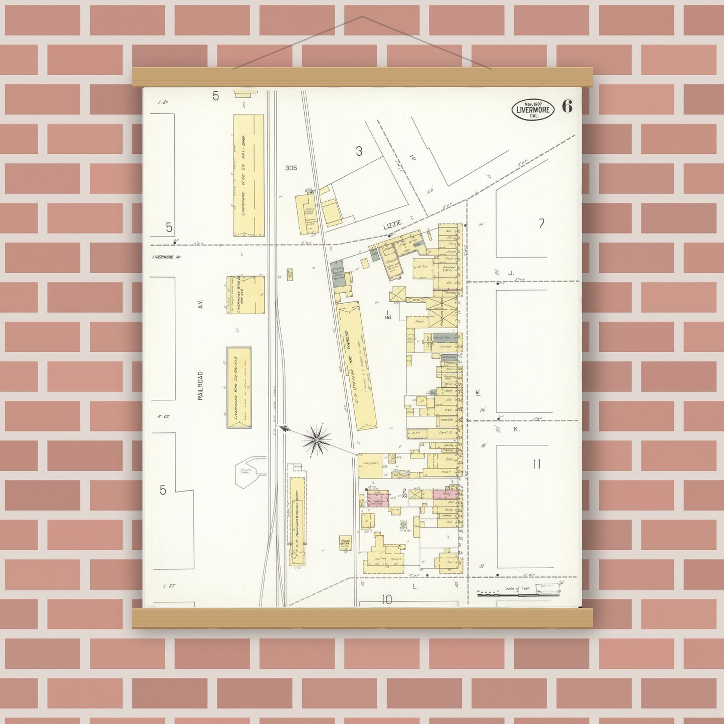 Old map wall art mockup — magnetic wood frame on brick wall — Sanborn Fire Insurance Map from Livermore, Alameda County, California (1907), Sheet #0006