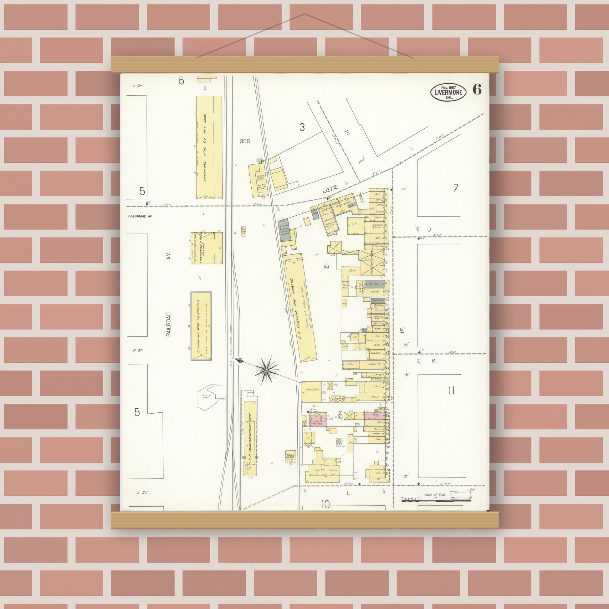 Old map wall art mockup — magnetic wood frame on brick wall — Sanborn Fire Insurance Map from Livermore, Alameda County, California (1907), Sheet #0006