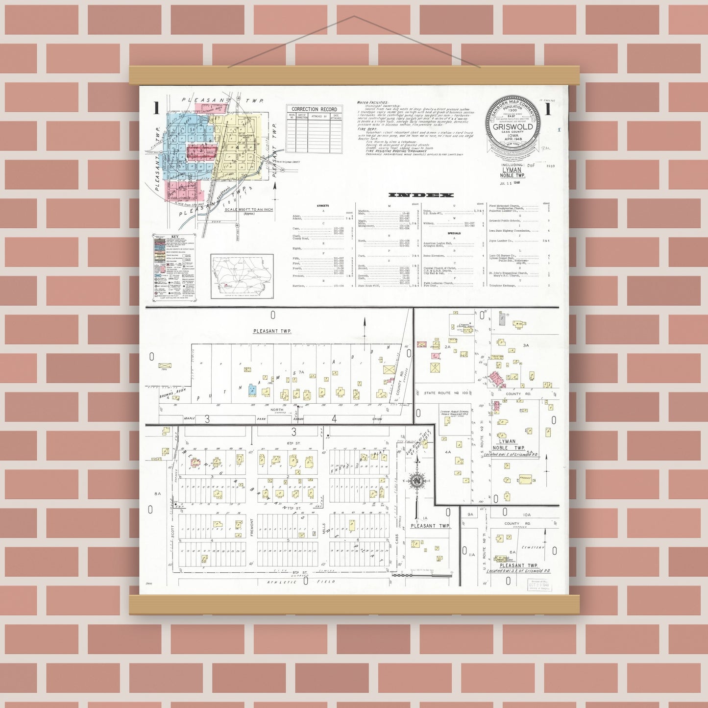Old map wall art mockup — magnetic wood frame on brick wall — Sanborn Fire Insurance Map from Griswold, Cass County, Iowa (1948) â€” Complete Set