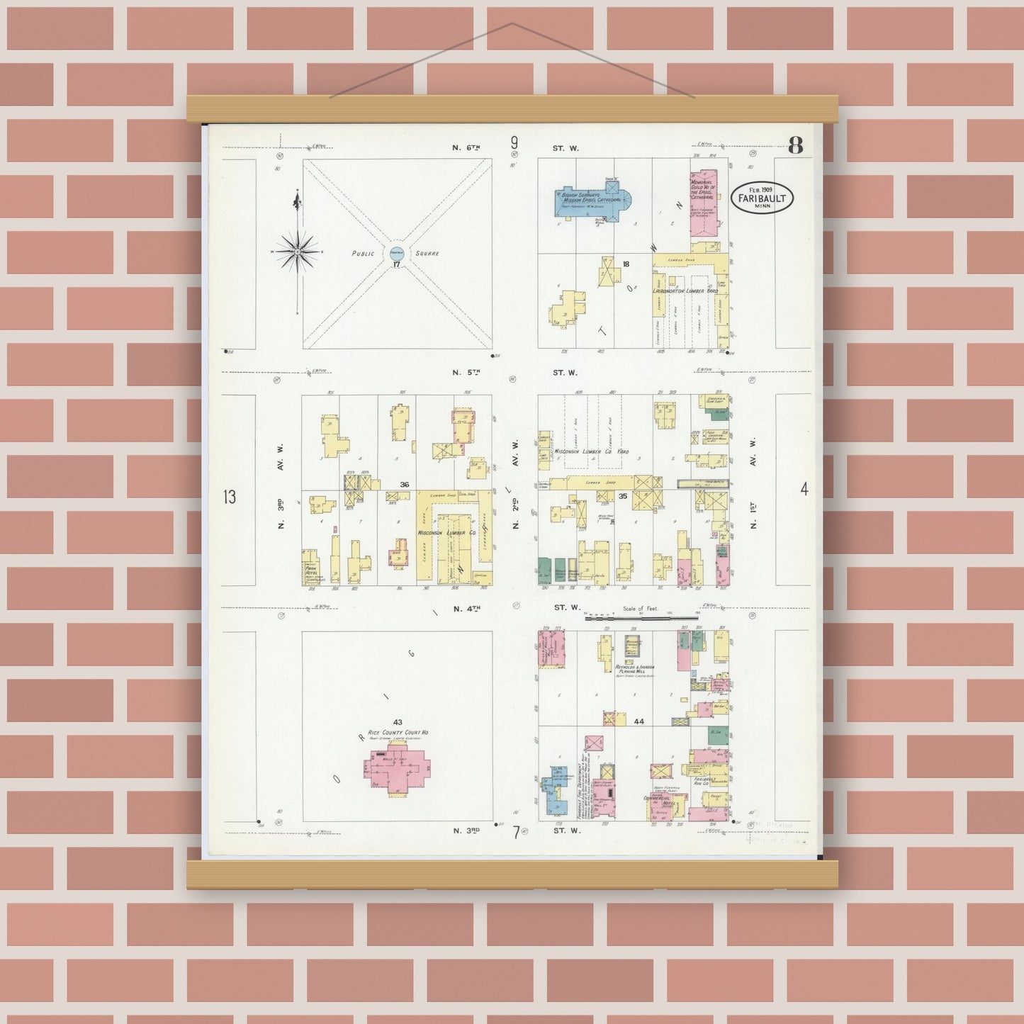 Old map wall art mockup — magnetic wood frame on brick wall — Sanborn Fire Insurance Map from Faribault, Rice County, Minnesota (1909), Sheet #0008