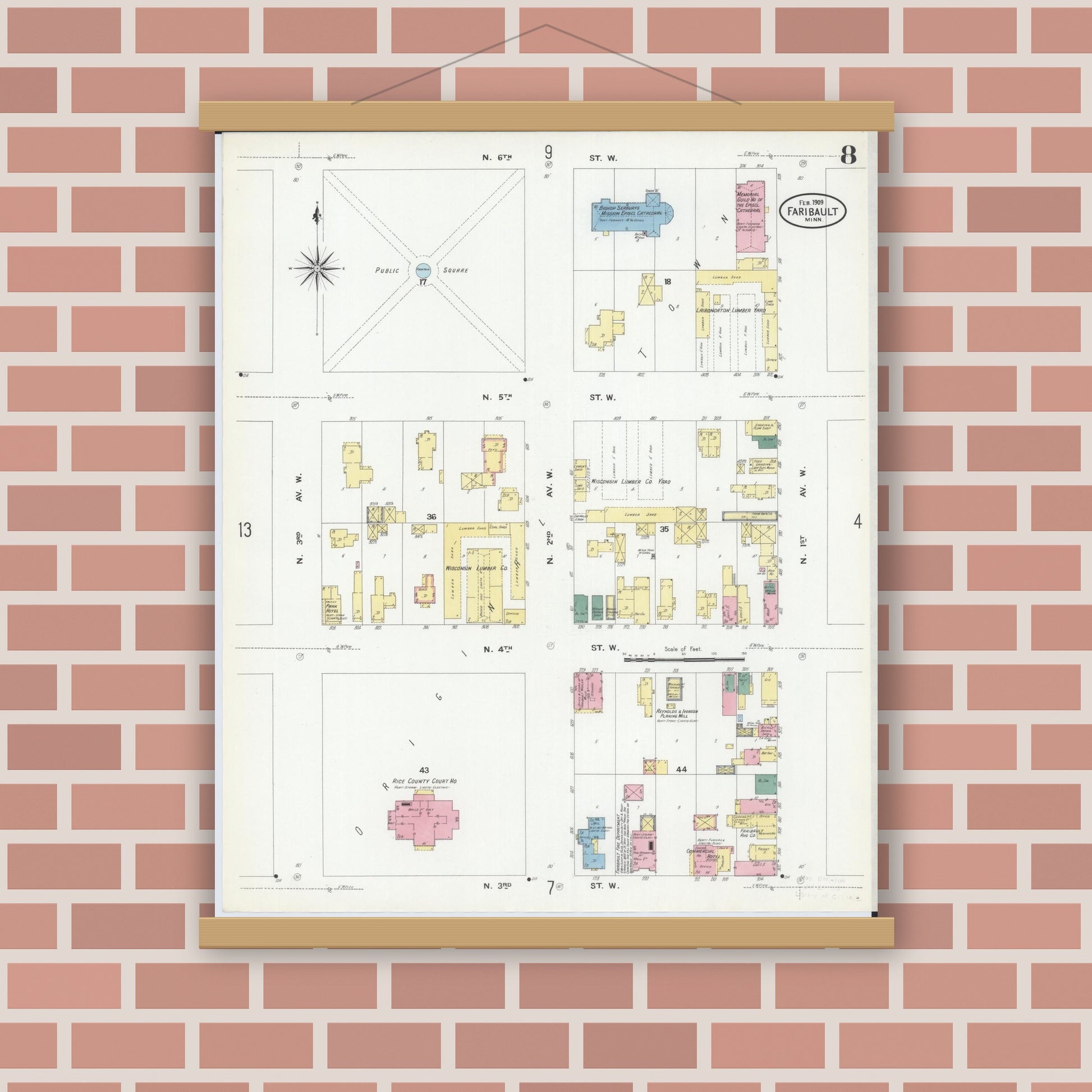 Old map wall art mockup — magnetic wood frame on brick wall — Sanborn Fire Insurance Map from Faribault, Rice County, Minnesota (1909), Sheet #0008