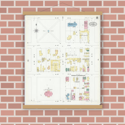 Old map wall art mockup — magnetic wood frame on brick wall — Sanborn Fire Insurance Map from Faribault, Rice County, Minnesota (1909), Sheet #0008