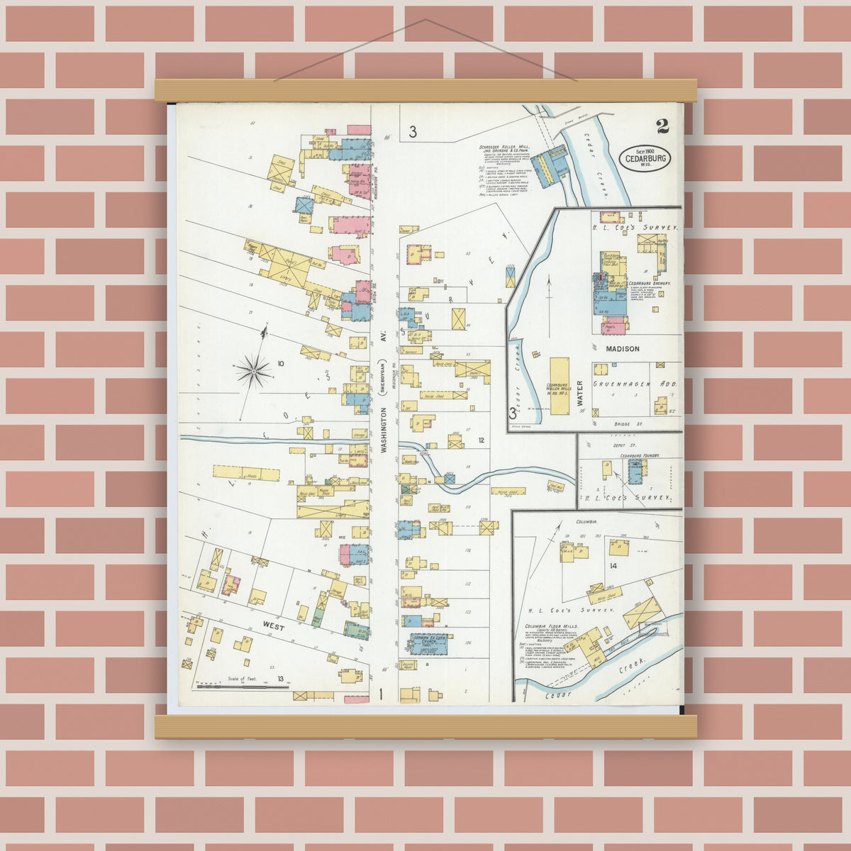 Old map wall art mockup — magnetic wood frame on brick wall — Sanborn Fire Insurance Map from Cedarburg, Ozaukee County, Wisconsin (1900), Sheet #0002