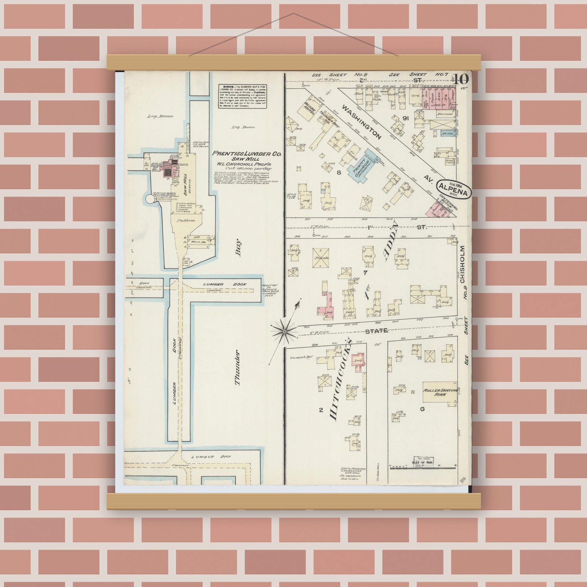 Old map wall art mockup — magnetic wood frame on brick wall — Sanborn Fire Insurance Map from Alpena, Alpena County, Michigan (1884), Sheet #0010