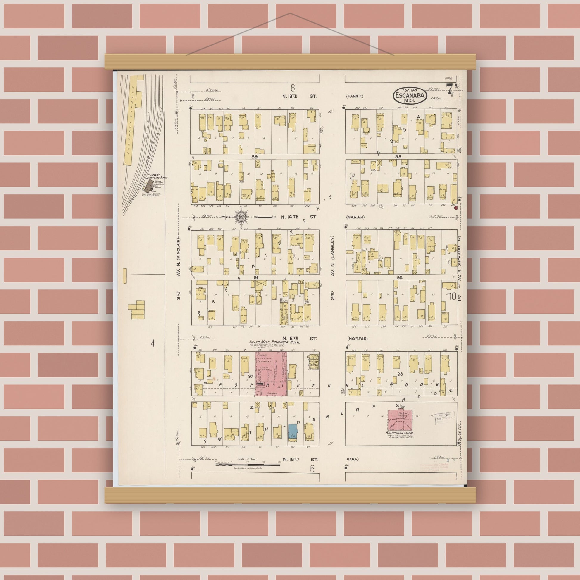 Old map wall art mockup — magnetic wood frame on brick wall — Sanborn Fire Insurance Map from Escanaba, Delta County, Michigan (1921), Sheet #0007
