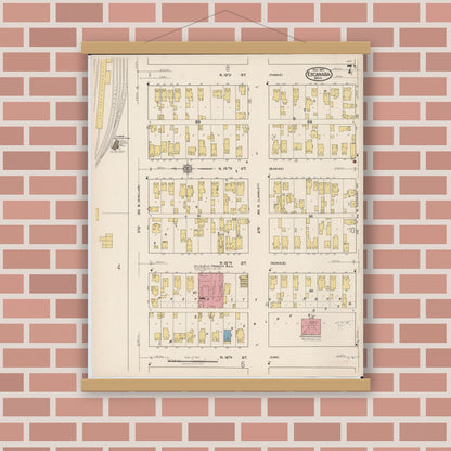 Old map wall art mockup — magnetic wood frame on brick wall — Sanborn Fire Insurance Map from Escanaba, Delta County, Michigan (1921), Sheet #0007