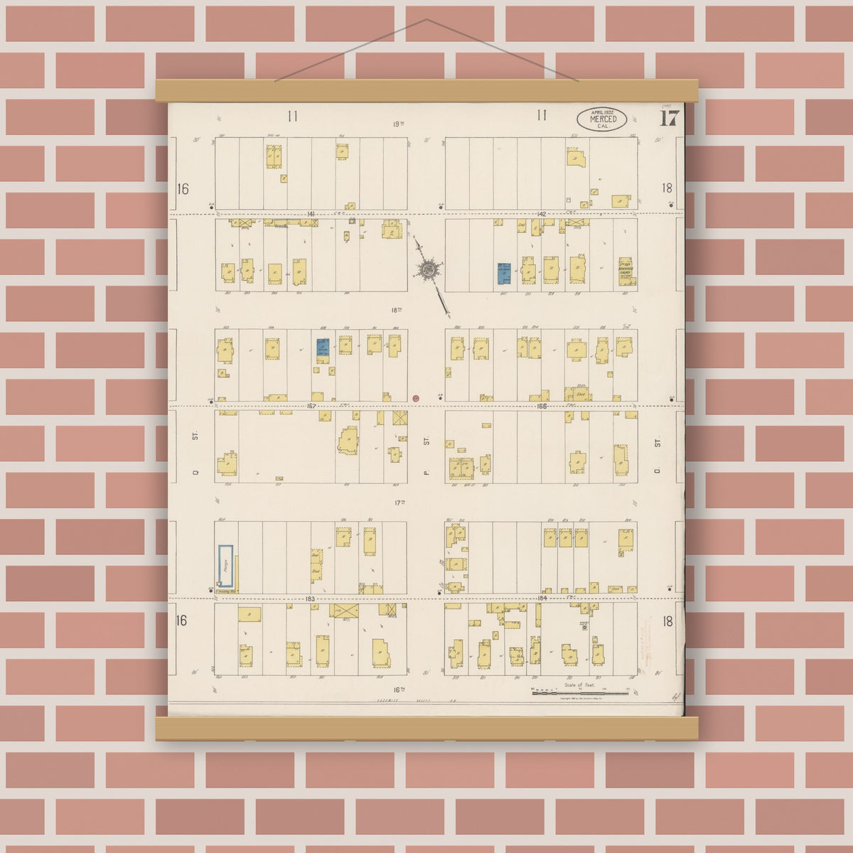 Old map wall art mockup — magnetic wood frame on brick wall — Sanborn Fire Insurance Map from Merced, Merced County, California (1922), Sheet #0017