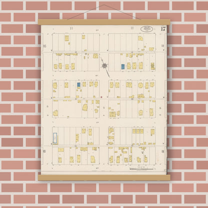 Old map wall art mockup — magnetic wood frame on brick wall — Sanborn Fire Insurance Map from Merced, Merced County, California (1922), Sheet #0017
